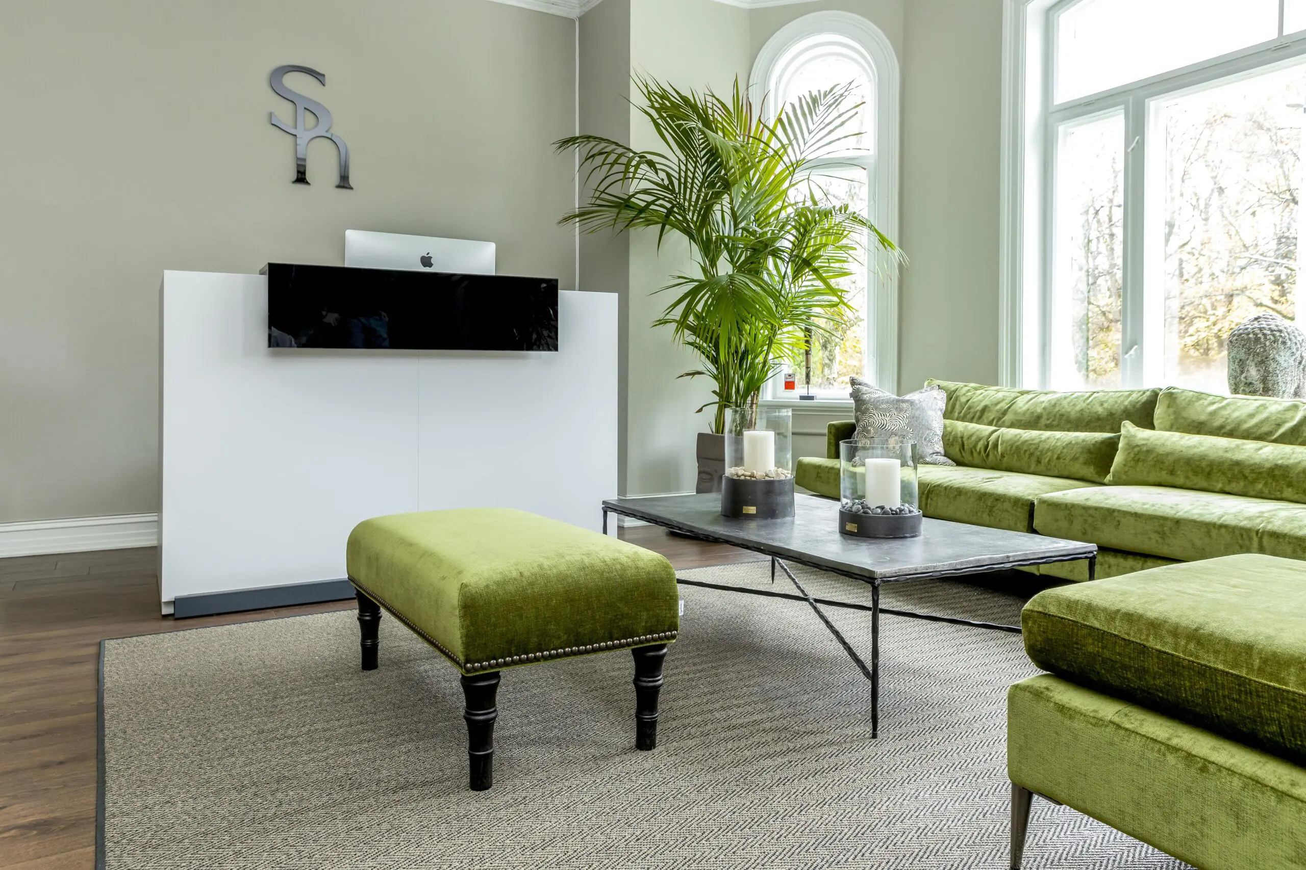 Resepsjonen hos Skandinavisk Hårinstitutt med grønn sofa, plante og skranke.